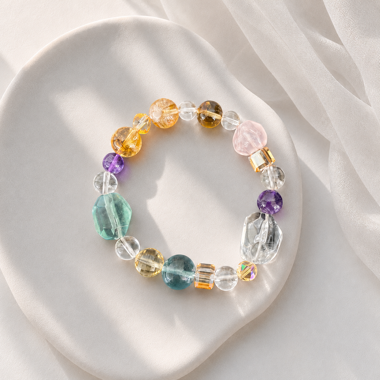 Amethyst and crystal stretch bracelet on white ceramic tray with silk background