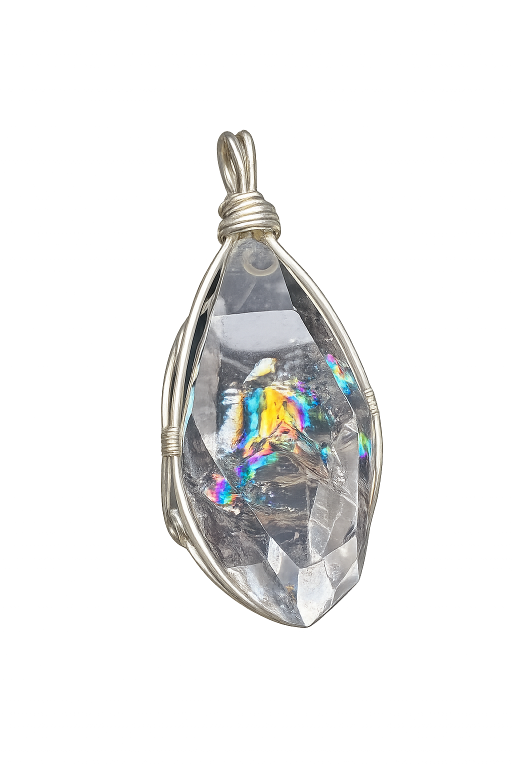Faceted clear quartz and smoky quartz pendant wrapped in copper wire
