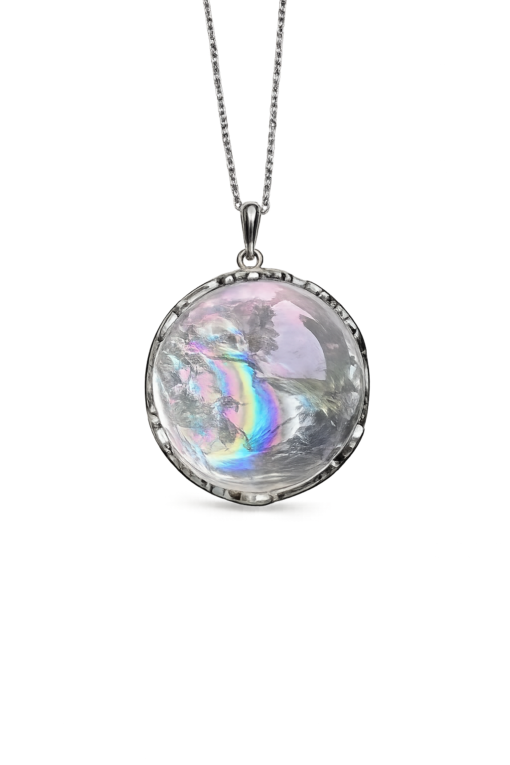 Natural clear quartz crystal pendant necklace, 20mm minimalist crystal with rainbow inclusions