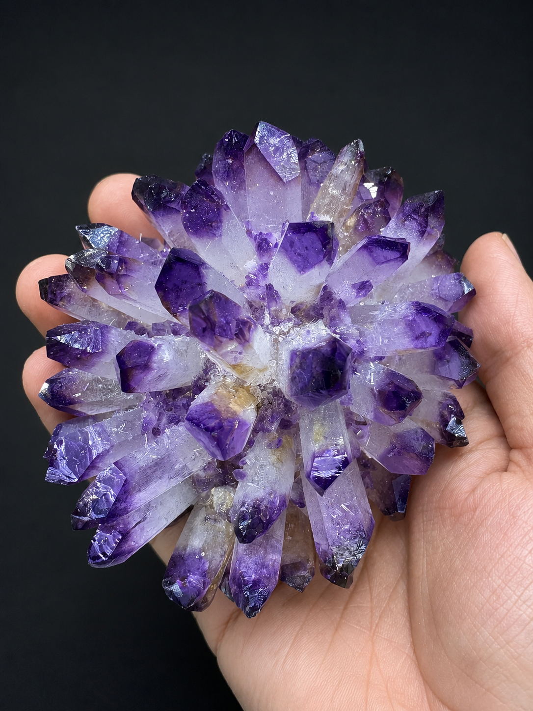 Natural raw amethyst crystal cluster with soft violet points and white matrix