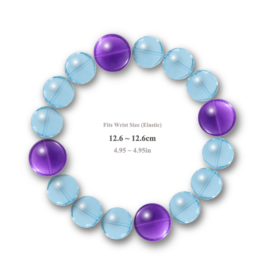 Handmade ice blue and amethyst purple crystal round bead stretch bracelet, elastic cord, fits 4.95 inch wrist