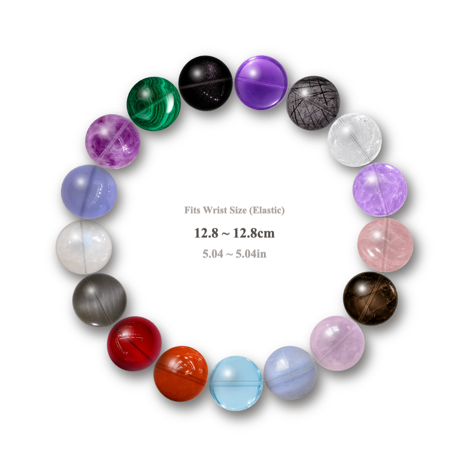 Handmade rainbow multi-stone natural crystal stretch bracelet with 16 unique gemstone beads including amethyst, rose quartz, malachite and obsidian, elastic cord, fits 5.04 inch wrist