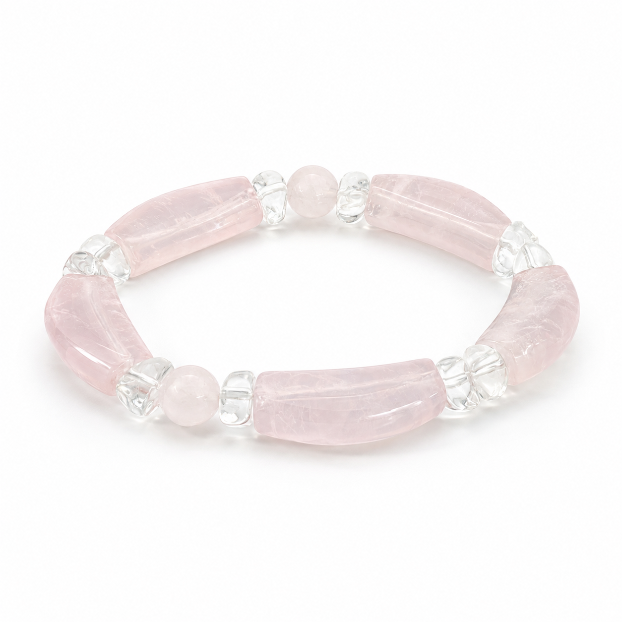 Rose quartz and clear crystal stretch bracelet on white background